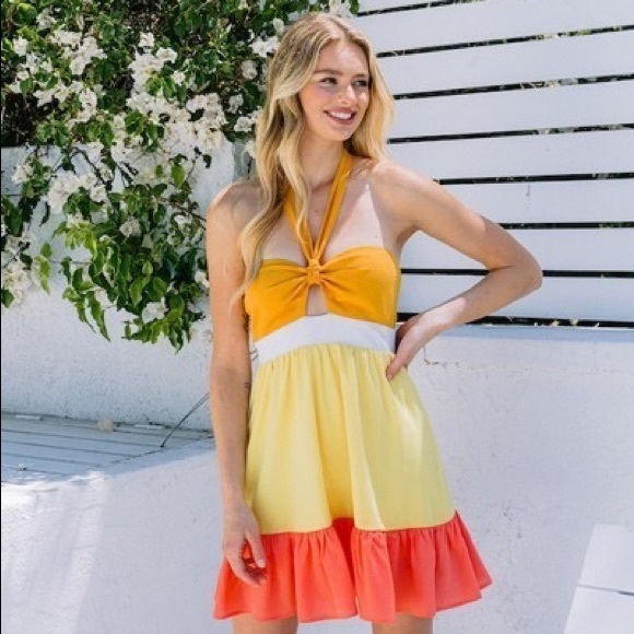 Better Be Dresses & Skirts - Yellow Orange Halter Colorblock Cut Out Sundress